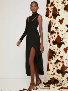 Cut Out Front Split Thigh Dress - Black - View 1