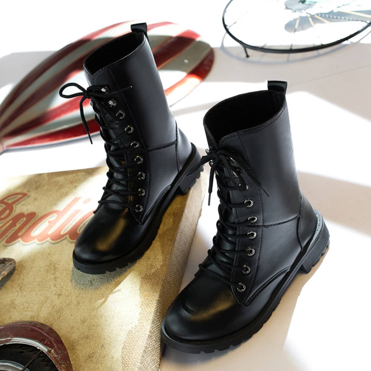 

Lace-up Front Combat Boots, Black