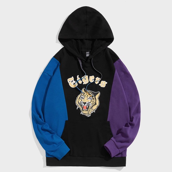 

Men Tiger And Letter Graphic Color Block Drawstring Hoodie, Multicolor