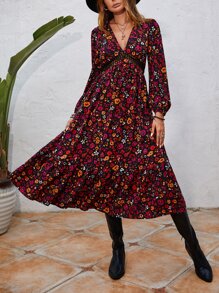 Rusttydustty Đầm Tương phản ren Viên lá sen Hoa Boho - Nhiều màu - Xem 1