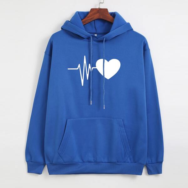 

Heart Print Drop Shoulder Hoodie, Blue