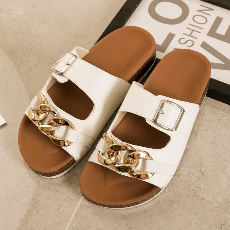 

Chain & Buckle Decor Slides, White