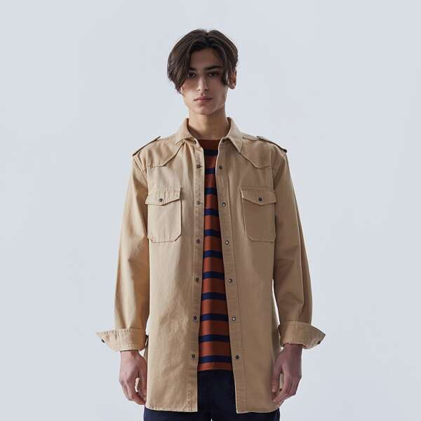 

Men Slogan Graphic Flap Pocket Jacket, Khaki
