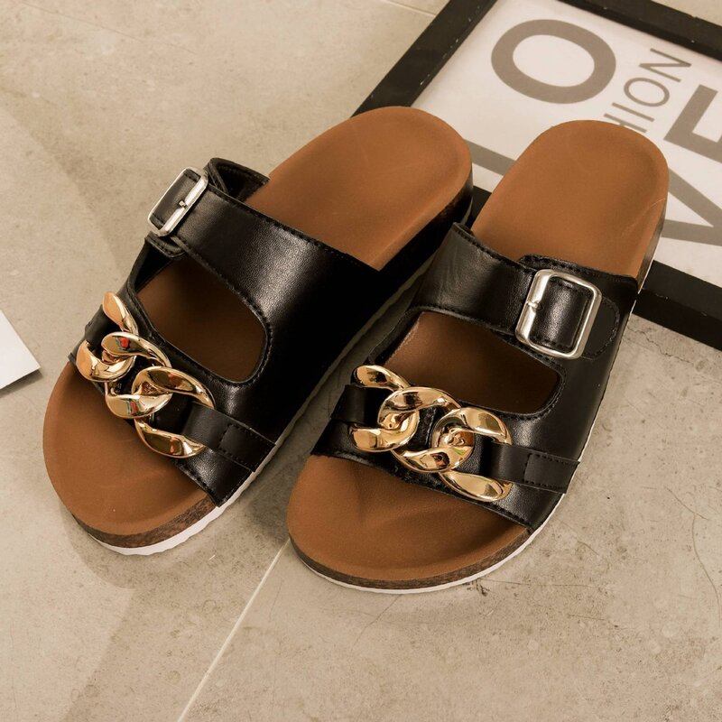 

Chain & Buckle Decor Slides, Black