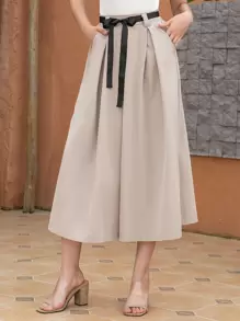 Modelyn High Waist Slant Pockets Plicated Belted Trousers - Khaki - View 1