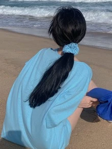 素色落肩T恤帶大腸髮圈 - 淺藍色 - 查看 2