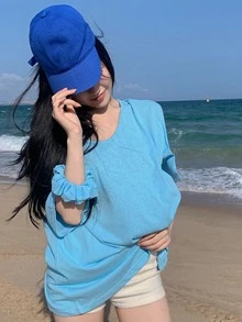 素色落肩T恤帶大腸髮圈 - 淺藍色 - 查看 3