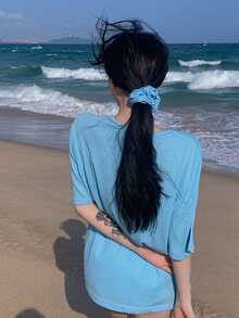 素色落肩T恤帶大腸髮圈 - 淺藍色 - 查看 4