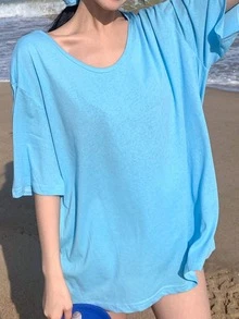 素色落肩T恤帶大腸髮圈 - 淺藍色 - 查看 5