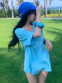 素色落肩T恤帶大腸髮圈 - 淺藍色 - 查看 7