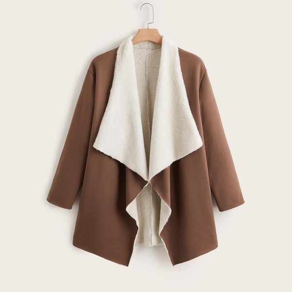 

Plus Waterfall Collar Open Front Teddy Lined Coat, Coffee brown
