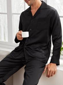 Hombres Set homewear con bolsillo delantero de satén - Negro - Ver 3