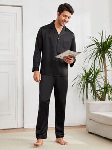 Hombres Set homewear con bolsillo delantero de satén - Negro - Ver 4