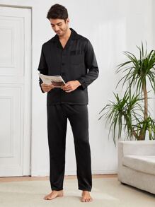 Hombres Set homewear con bolsillo delantero de satén - Negro - Ver 5