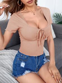 SHEIN Privé Camiseta tejida de canalé con cordón con nudo unicolor - Albaricoque - Ver 4