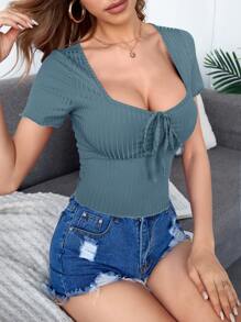 SHEIN Privé Solid Tie Front Rib-Knit Tee - Teal Blue - View 5