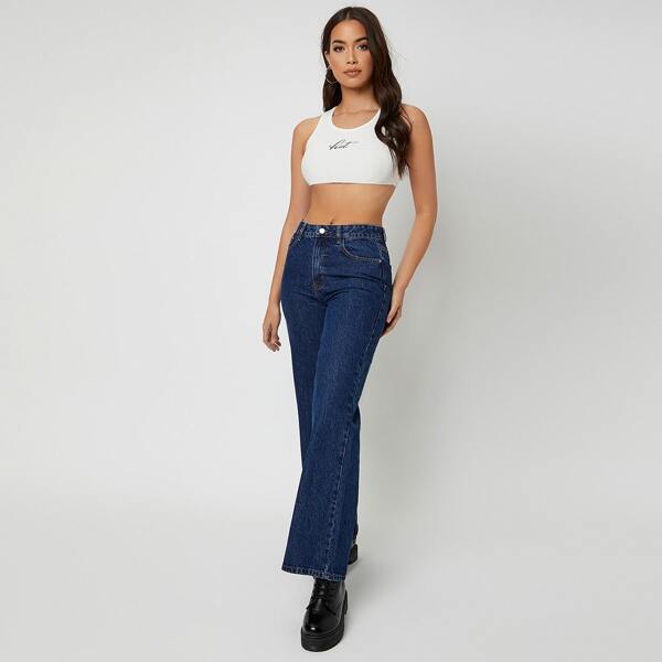 

Zip Waist Straight Leg Jeans, Dark wash
