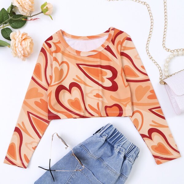 

Toddler Girls Heart Print Crop Tee, Orange