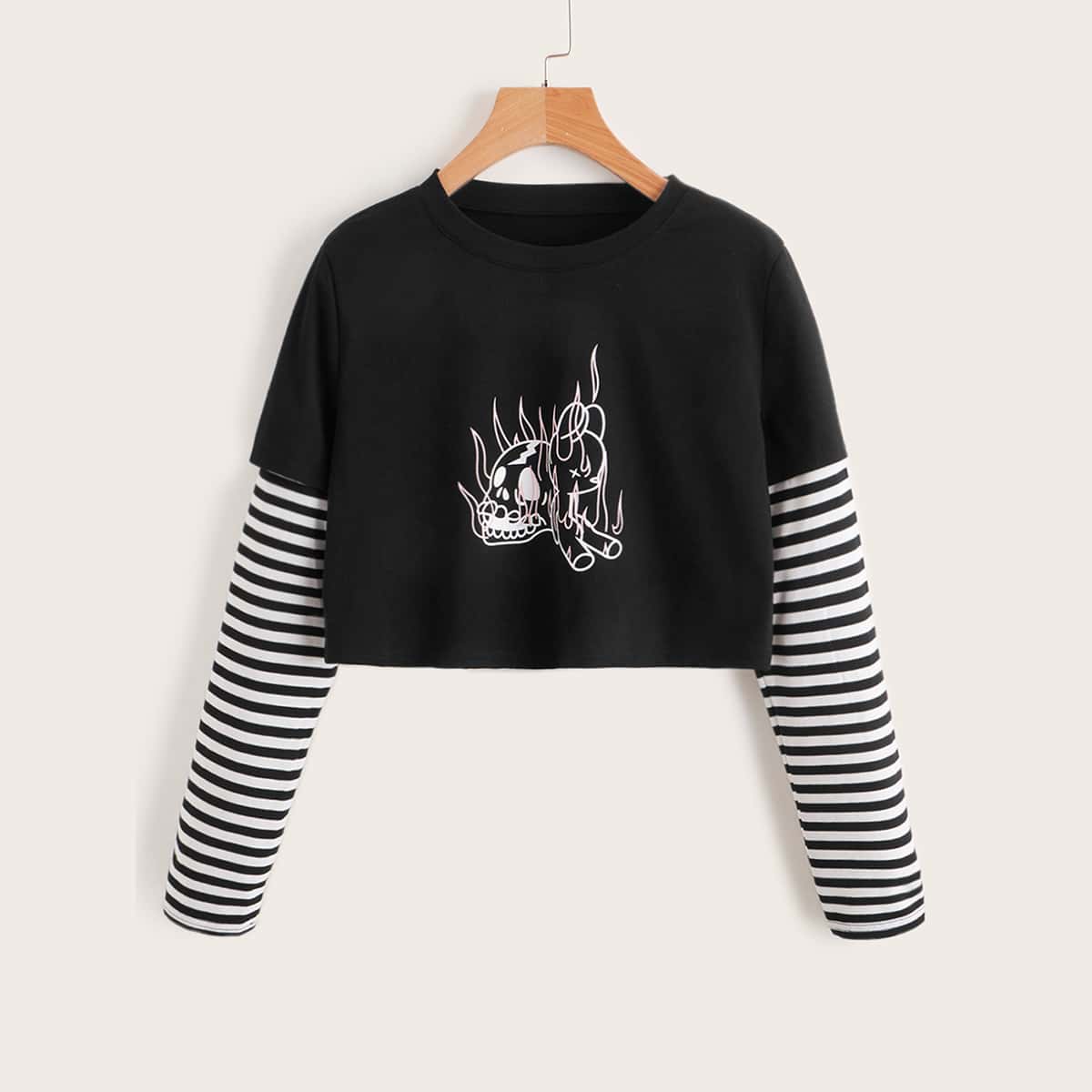 

2 In 1 Skull & Cartoon Graphic Crop Tee, Black