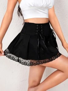 SHEIN Lace Up Waist Flare Skirt - Black - View 3