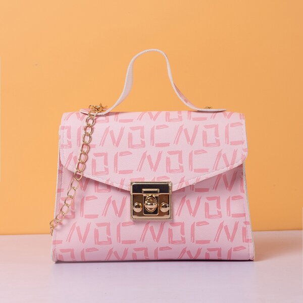 

Letter Graphic Chain Flap Square Bag, Pink