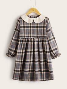 Girls Plaid Contrast Collar Dress - Multicolor - View 1