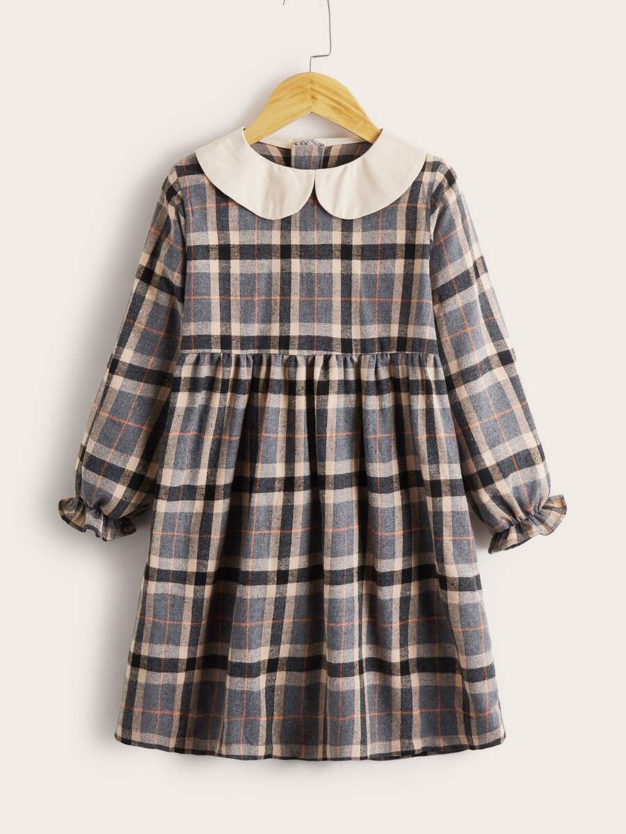 Girls Plaid Contrast Collar Dress - Multicolor - View 1