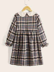 Girls Plaid Contrast Collar Dress - Multicolor - View 2