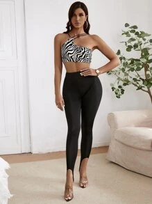 SHEIN Privé Zebra Striped Asymmetrical Neck Crop Cami Top - Black and White - View 3