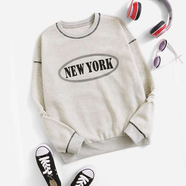 

Letter Graphic Contrast Binding Sweatshirt, Light grey