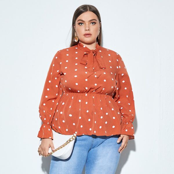 

Plus Polka Dot Tie Neck Flounce Sleeve Peplum Hem Blouse, Orange