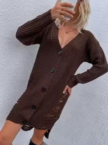 Solid Button Up Ripped Cardigan - Coffee Brown - View 1