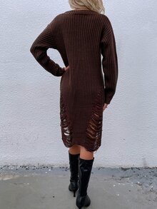 Solid Button Up Ripped Cardigan - Coffee Brown - View 2