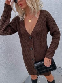 Solid Button Up Ripped Cardigan - Coffee Brown - View 4