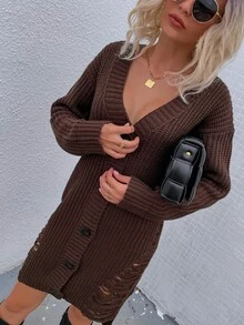 Solid Button Up Ripped Cardigan - Coffee Brown - View 5