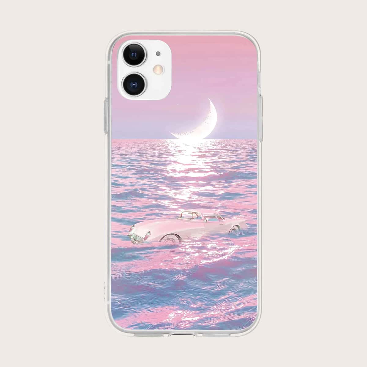 

Car & Moon Pattern Phone Case, Coral pink