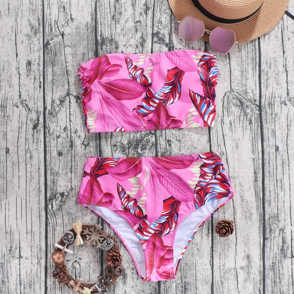

Tropical Print Bandeau High Waisted Bikini Swimsuit, Multicolor