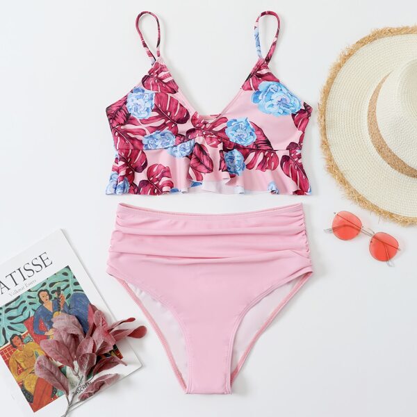 

Floral & Tropical Print High Waisted Bikini Swimsuit, Pink