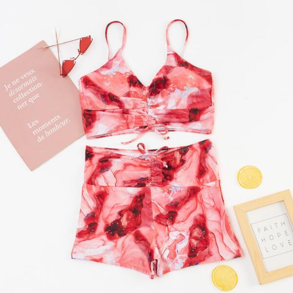 

Marble Print Drawstring Front Bikini Swimsuit, Multicolor