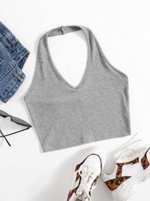 SHEIN EZwear Rib-Knit Crop Halter Top - Light Grey - View 1