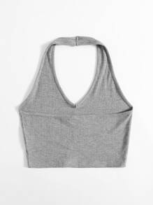 SHEIN EZwear Rib-Knit Crop Halter Top - Light Grey - View 2