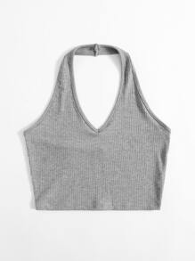SHEIN EZwear Rib-Knit Crop Halter Top - Light Grey - View 3