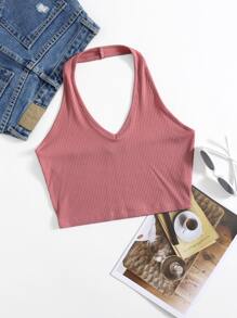 SHEIN EZwear Rib-Knit Crop Halter Top - Watermelon Pink - View 1