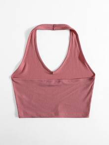 SHEIN EZwear Rib-Knit Crop Halter Top - Watermelon Pink - View 2