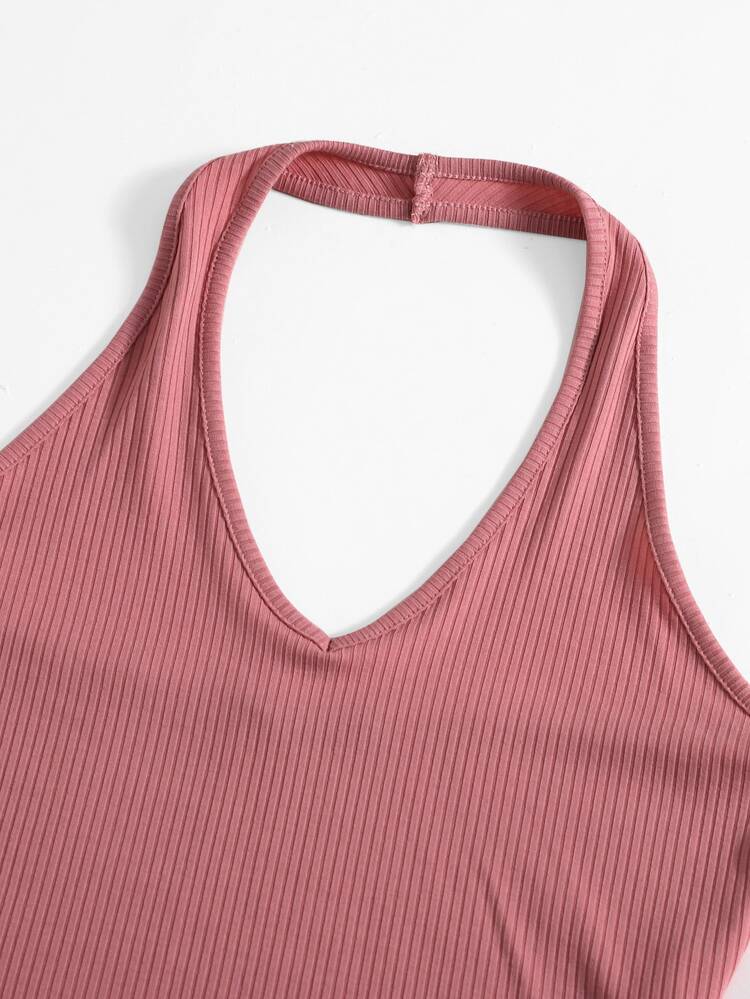 SHEIN EZwear Rib-Knit Crop Halter Top - Watermelon Pink - View 3