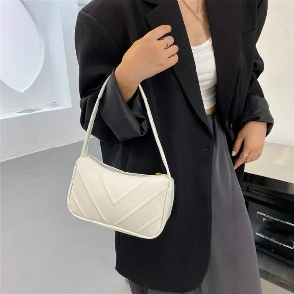 

Textured Baguette Bag, White