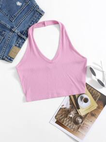 SHEIN EZwear Rib-Knit Crop Halter Top - Lilac Purple - View 1