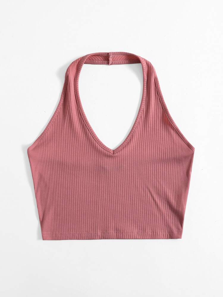 SHEIN EZwear Rib-Knit Crop Halter Top - Watermelon Pink - View 5