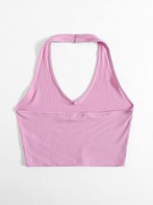 SHEIN EZwear Rib-Knit Crop Halter Top - Lilac Purple - View 2