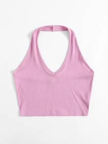 SHEIN EZwear Rib-Knit Crop Halter Top - Lilac Purple - View 4